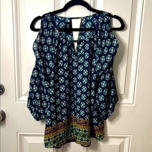 EUC Elegant Blue and Yellow Cold Shoulder Blouse with Vibrant Design